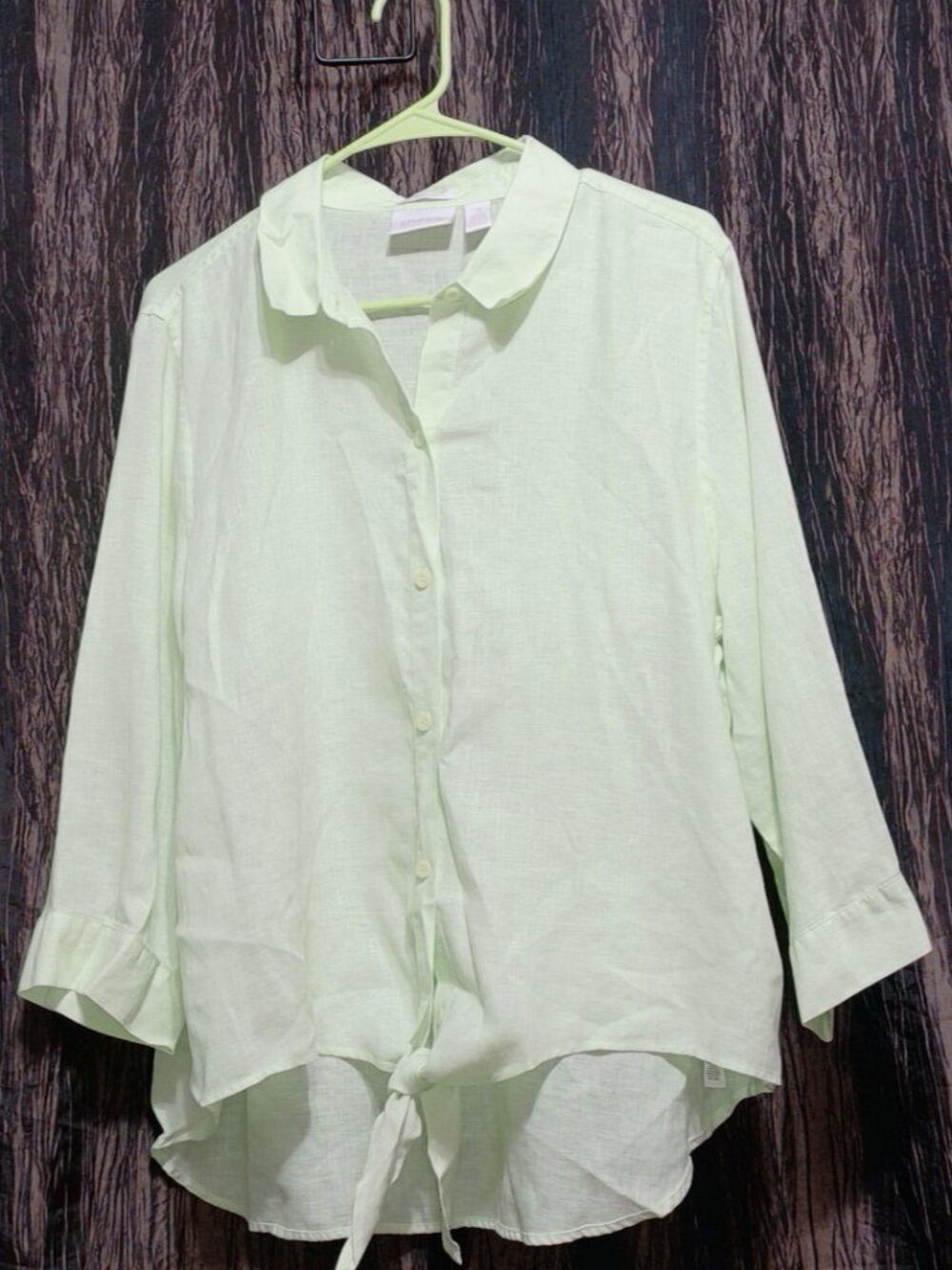 Chico’s Linen Lydia Tie Front Shirt Mint Green Non Iron Womens SZ 3